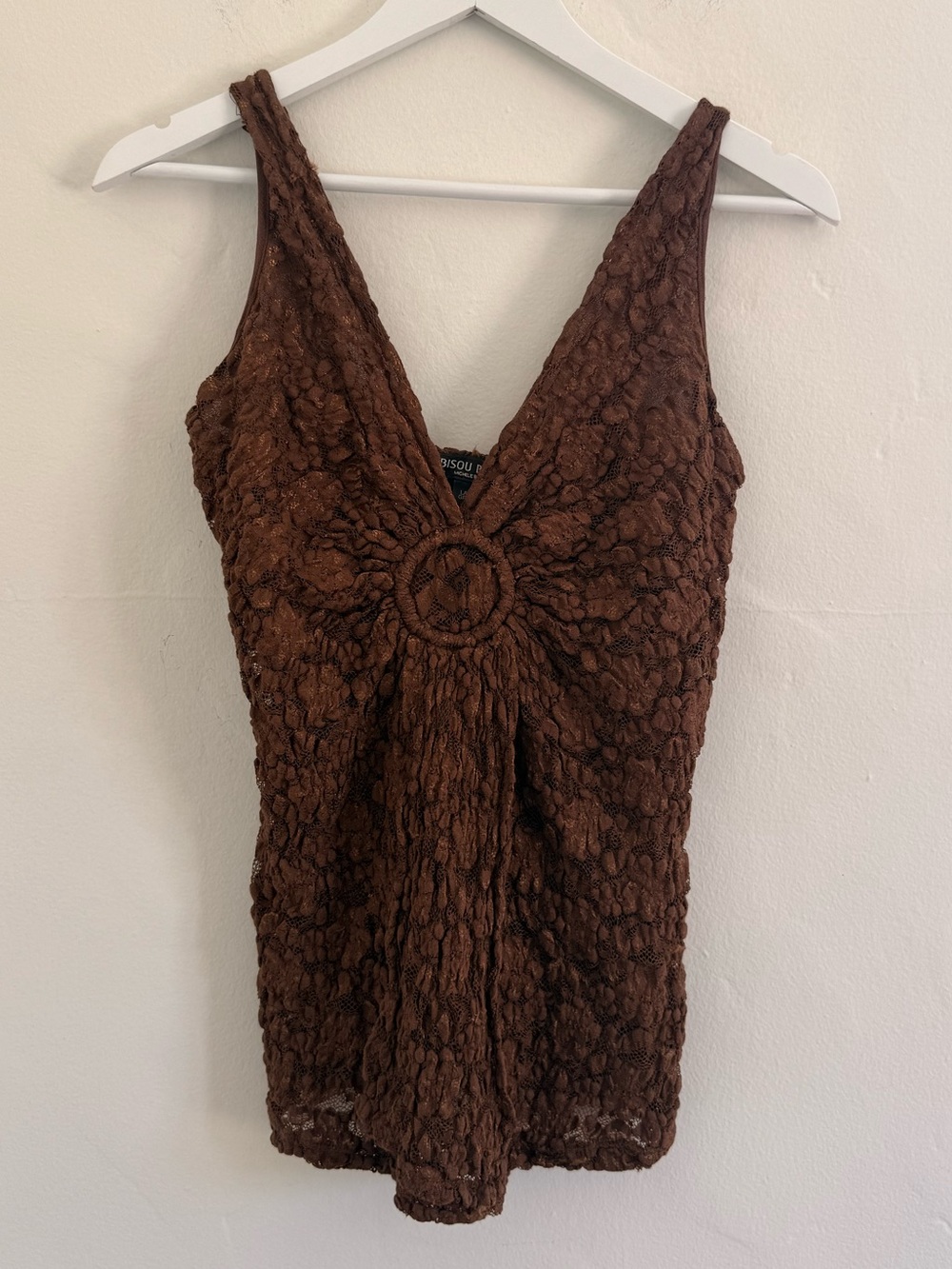 Vintage Bisou Bisou Brown Lace Trim Tank Top